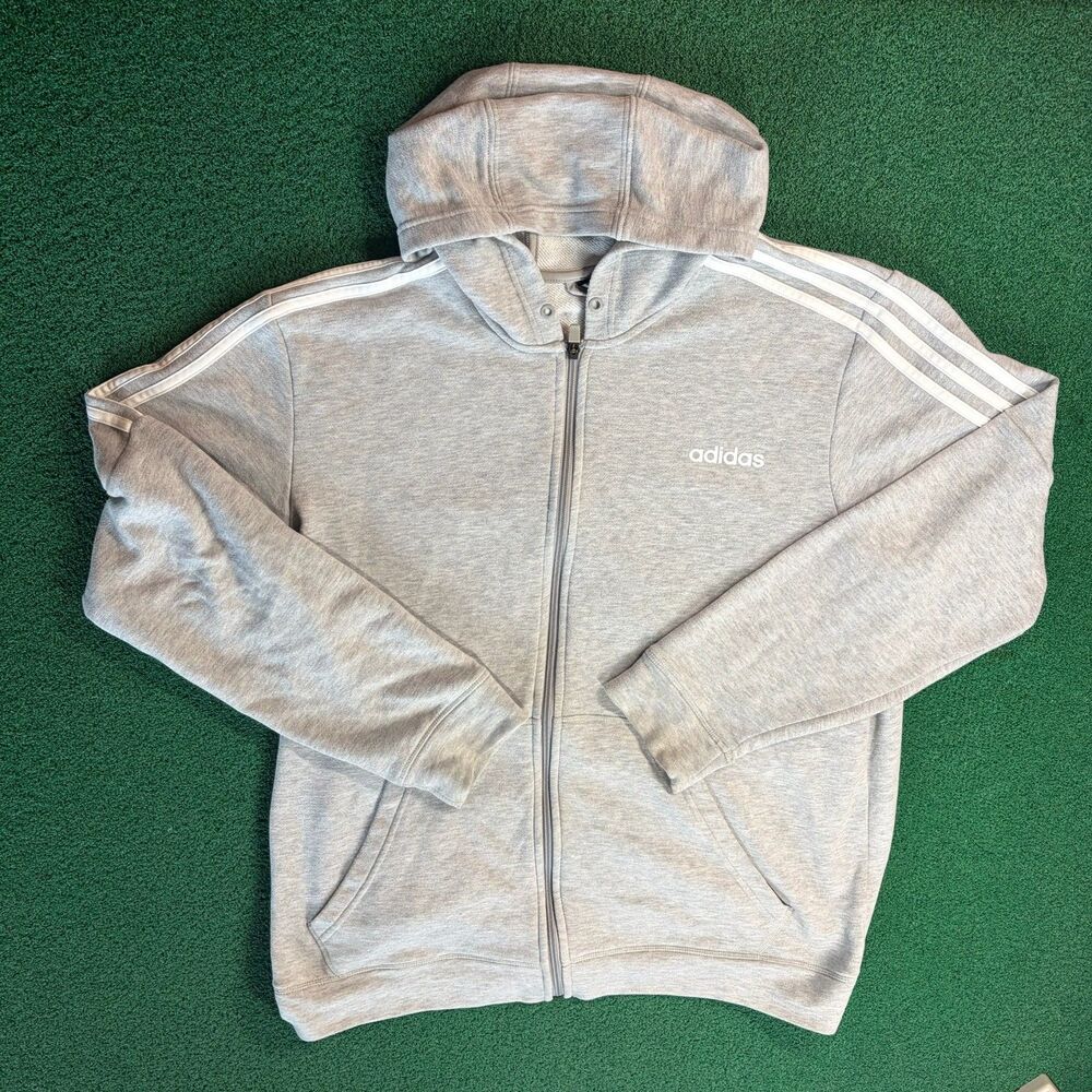 Size XL Mens – Adidas Essentials 3 Stripe Full Zip Gray Hoodie